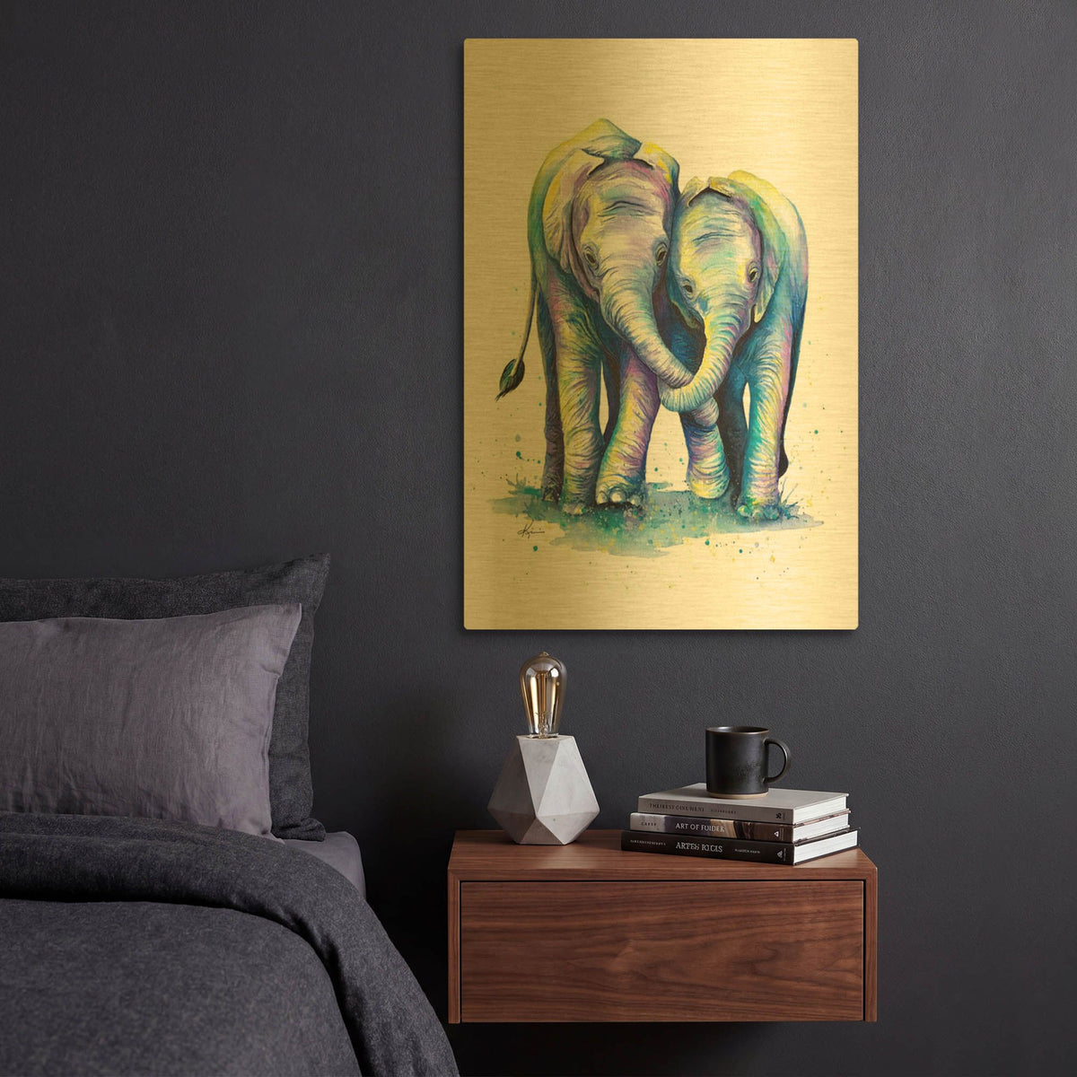 'Colorful Animals Baby Elephants' By Lindsay Kivi Gold Metal Wall Art