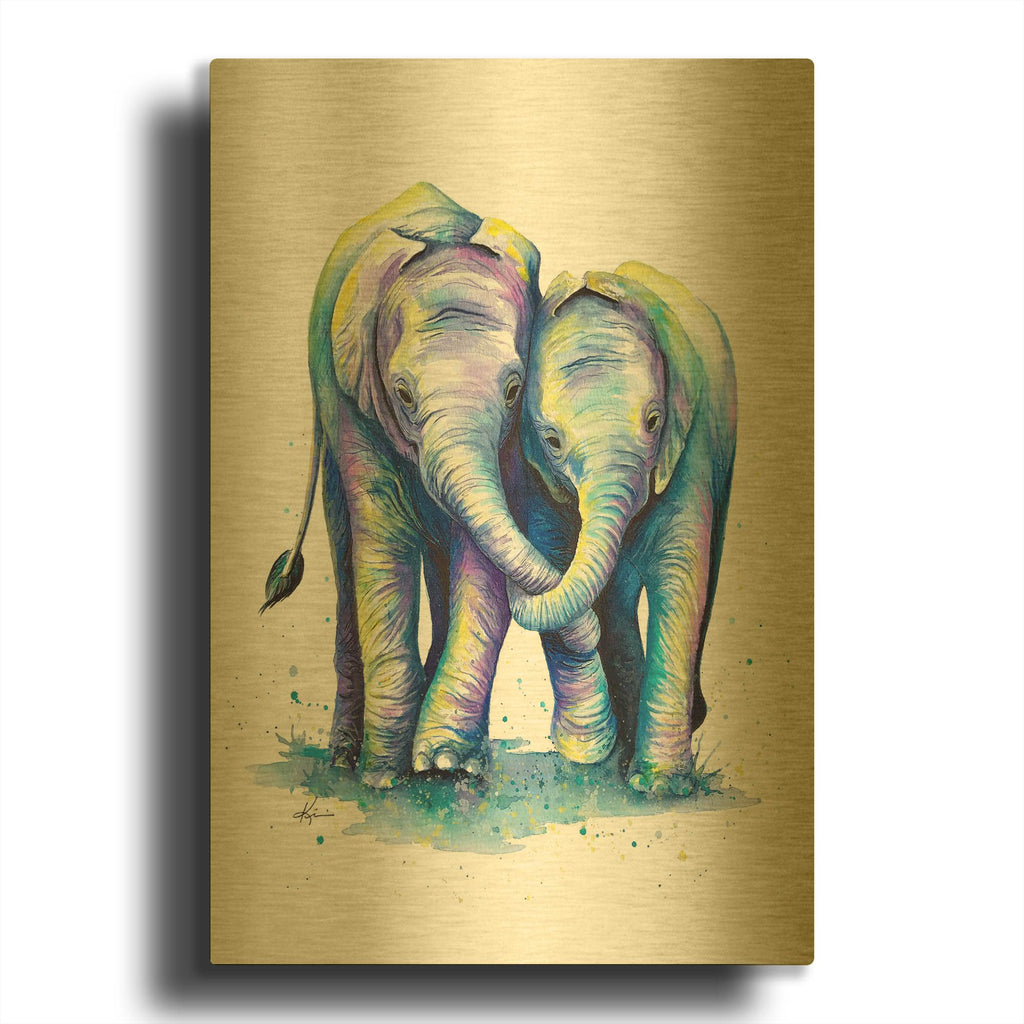 'Colorful Animals Baby Elephants' By Lindsay Kivi Gold Metal Wall Art