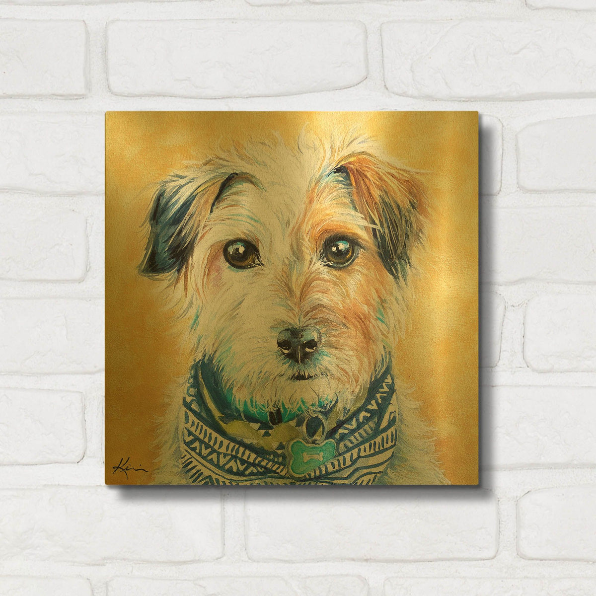 'Live Color Fully Wire Fox Terrier Puppy' By Lindsay Kivi Gold Metal Wall Art