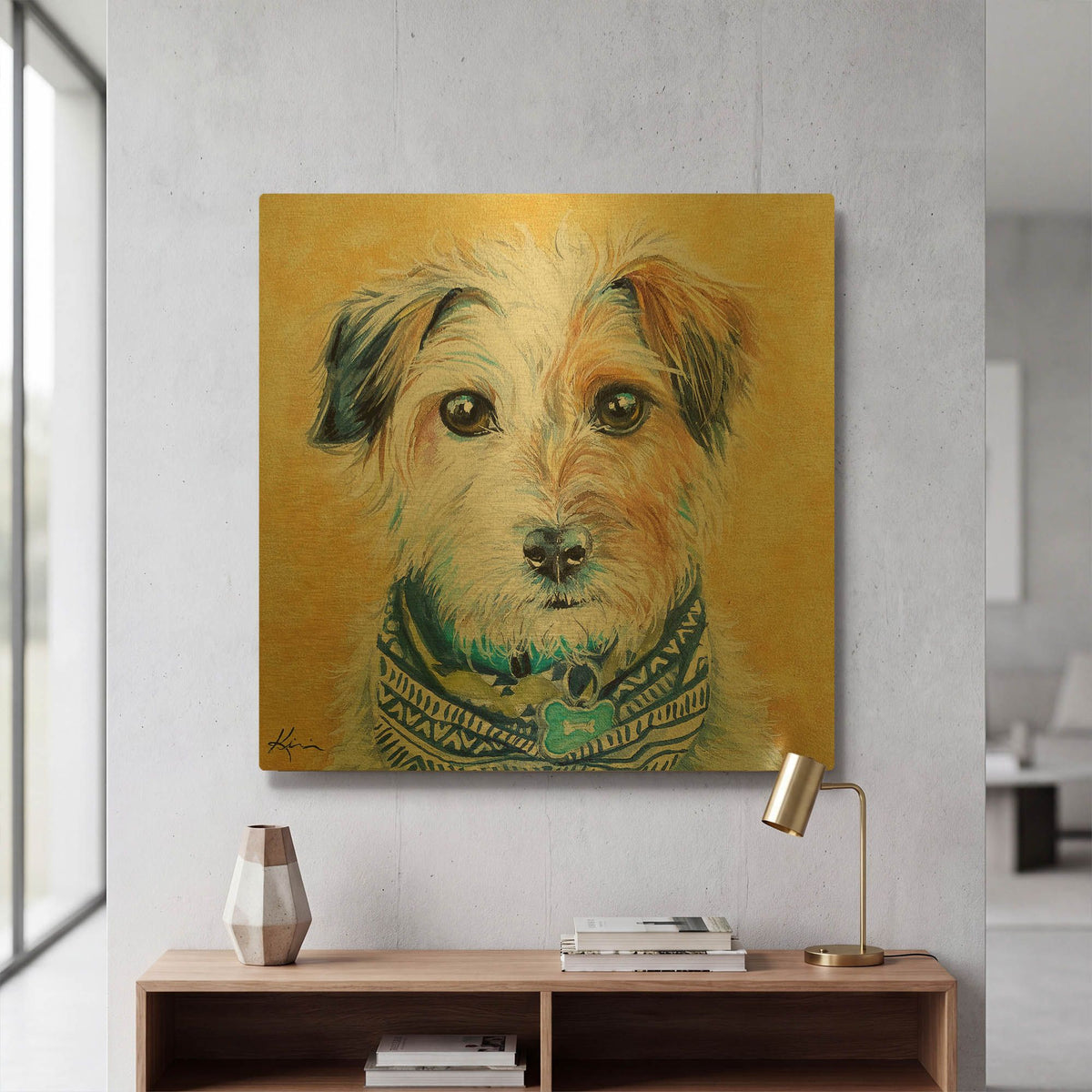 'Live Color Fully Wire Fox Terrier Puppy' By Lindsay Kivi Gold Metal Wall Art