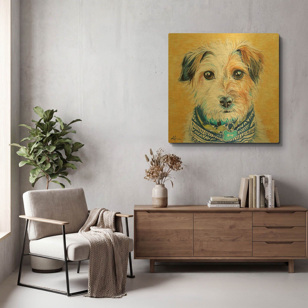 'Live Color Fully Wire Fox Terrier Puppy' By Lindsay Kivi Gold Metal Wall Art