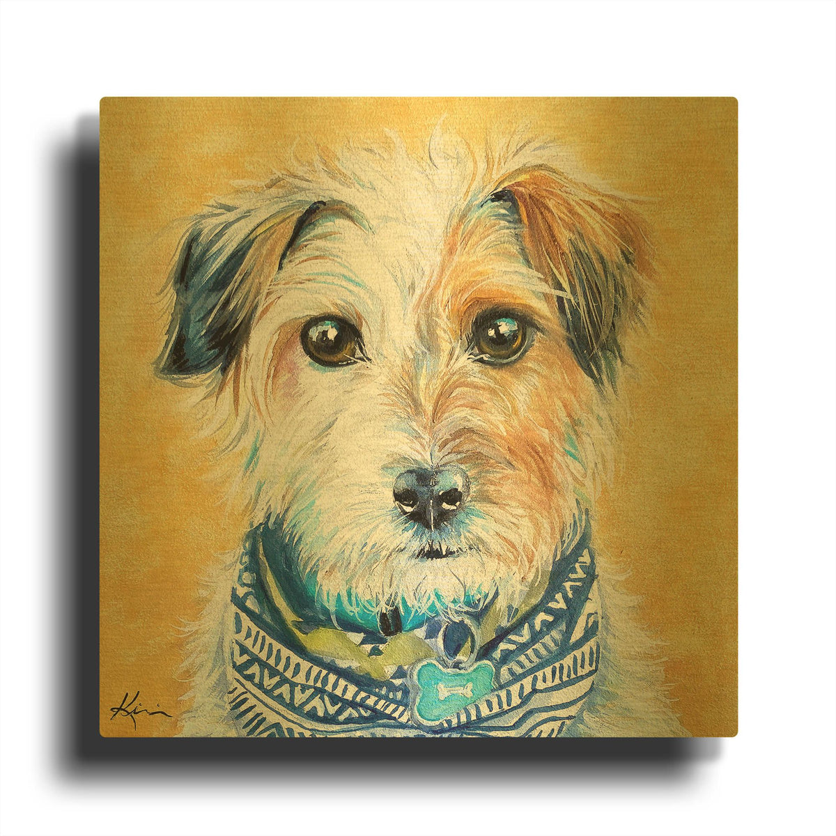 'Live Color Fully Wire Fox Terrier Puppy' By Lindsay Kivi Gold Metal Wall Art