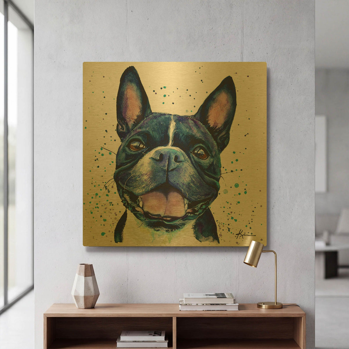 'Rainbow Dogs Boston Terrier' By Lindsay Kivi Gold Metal Wall Art