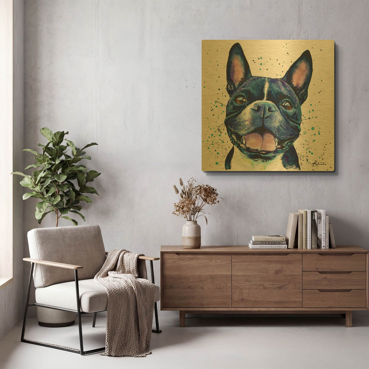 'Rainbow Dogs Boston Terrier' By Lindsay Kivi Gold Metal Wall Art