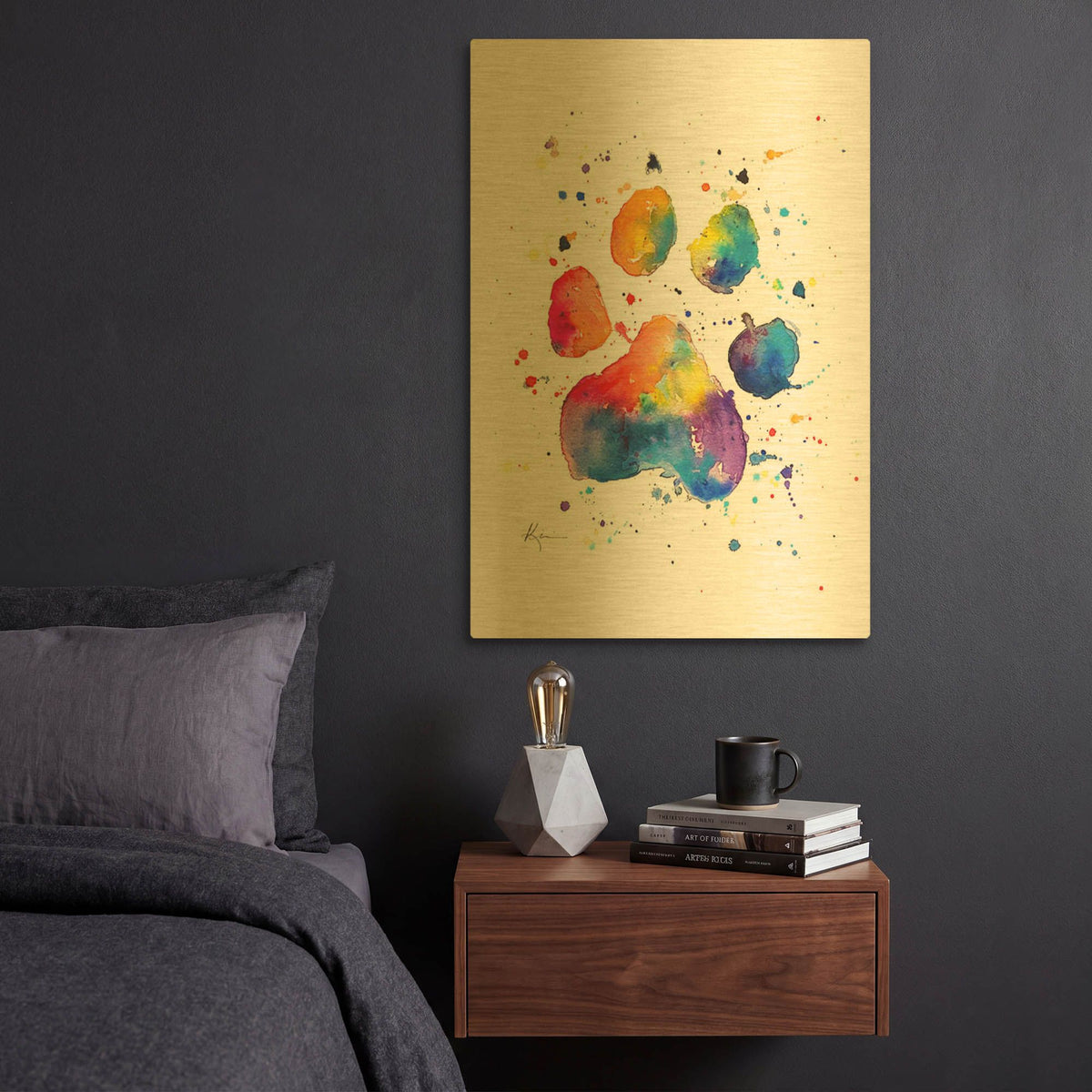 'Rainbow Dogs Colorful Paw' By Lindsay Kivi Gold Metal Wall Art