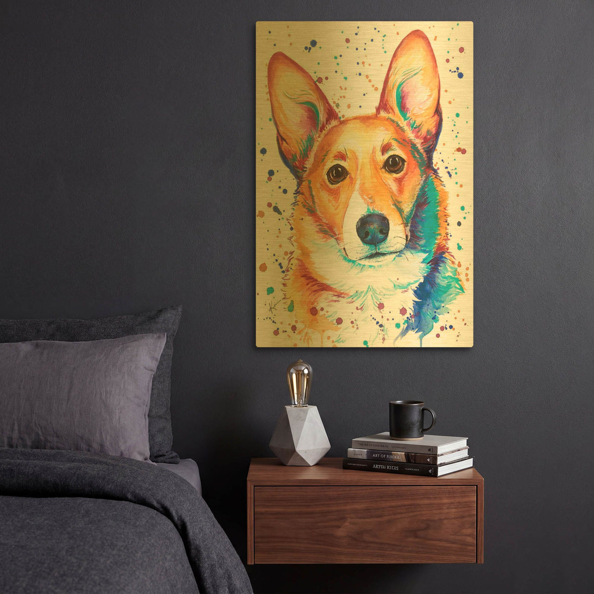 'Rainbow Dogs Corgi' By Lindsay Kivi Gold Metal Wall Art