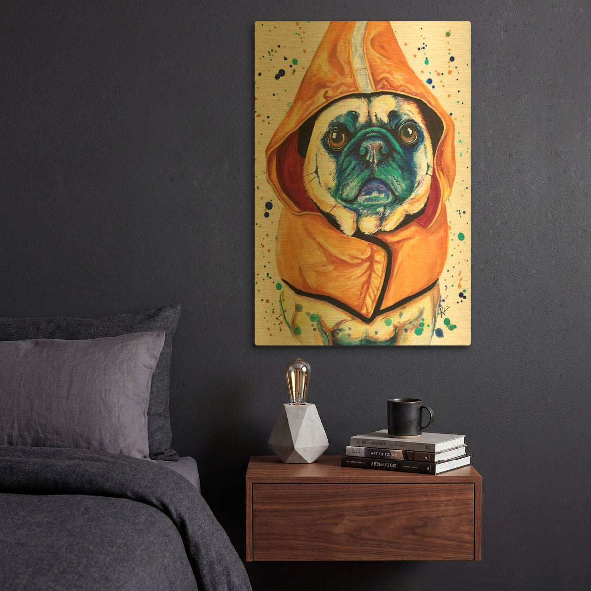 'Rainbow Dogs Pug In Raincoat' By Lindsay Kivi Gold Metal Wall Art
