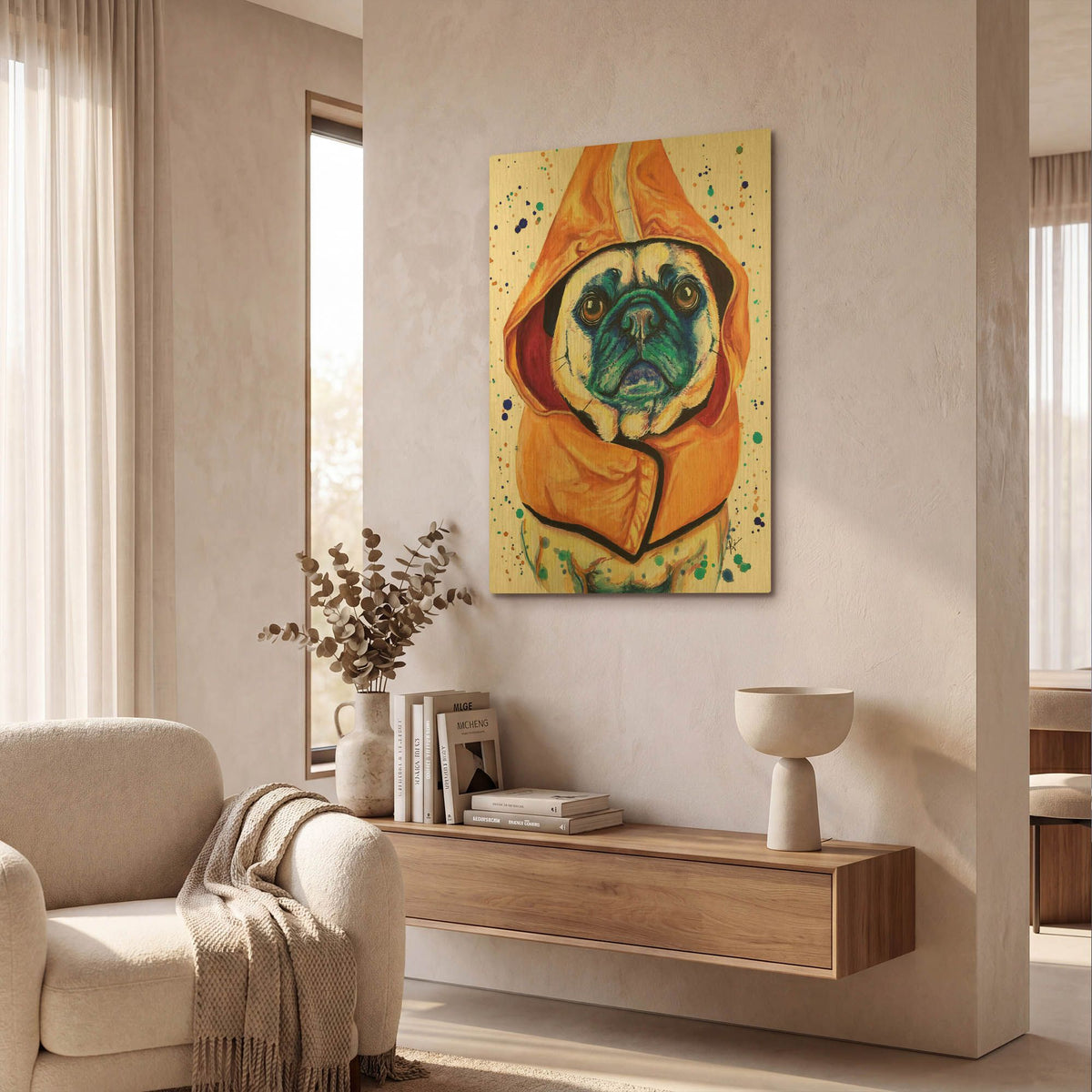 'Rainbow Dogs Pug In Raincoat' By Lindsay Kivi Gold Metal Wall Art