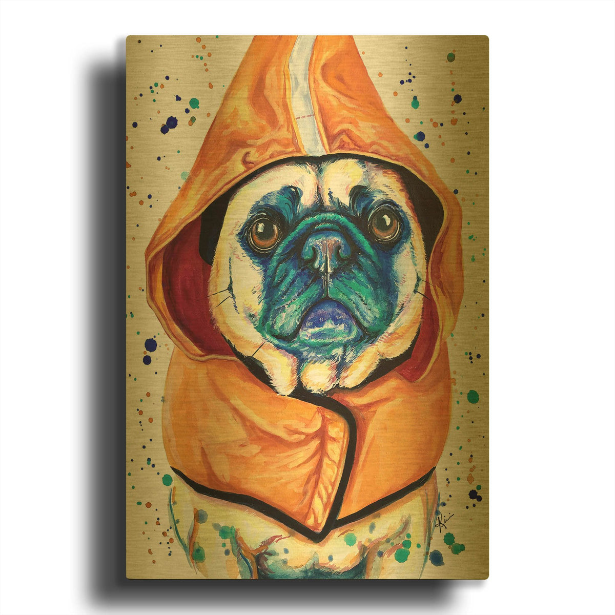 'Rainbow Dogs Pug In Raincoat' By Lindsay Kivi Gold Metal Wall Art