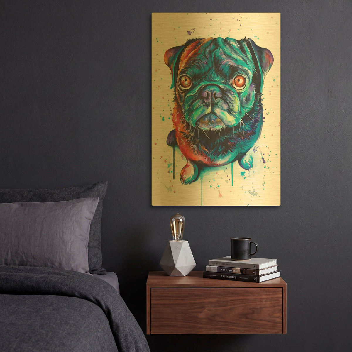 'Rainbow Dogs Pug' By Lindsay Kivi Gold Metal Wall Art