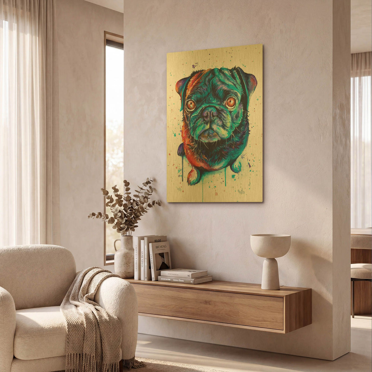 'Rainbow Dogs Pug' By Lindsay Kivi Gold Metal Wall Art