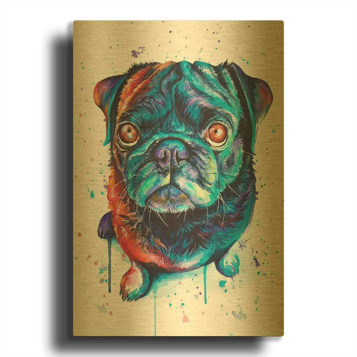 'Rainbow Dogs Pug' By Lindsay Kivi Gold Metal Wall Art