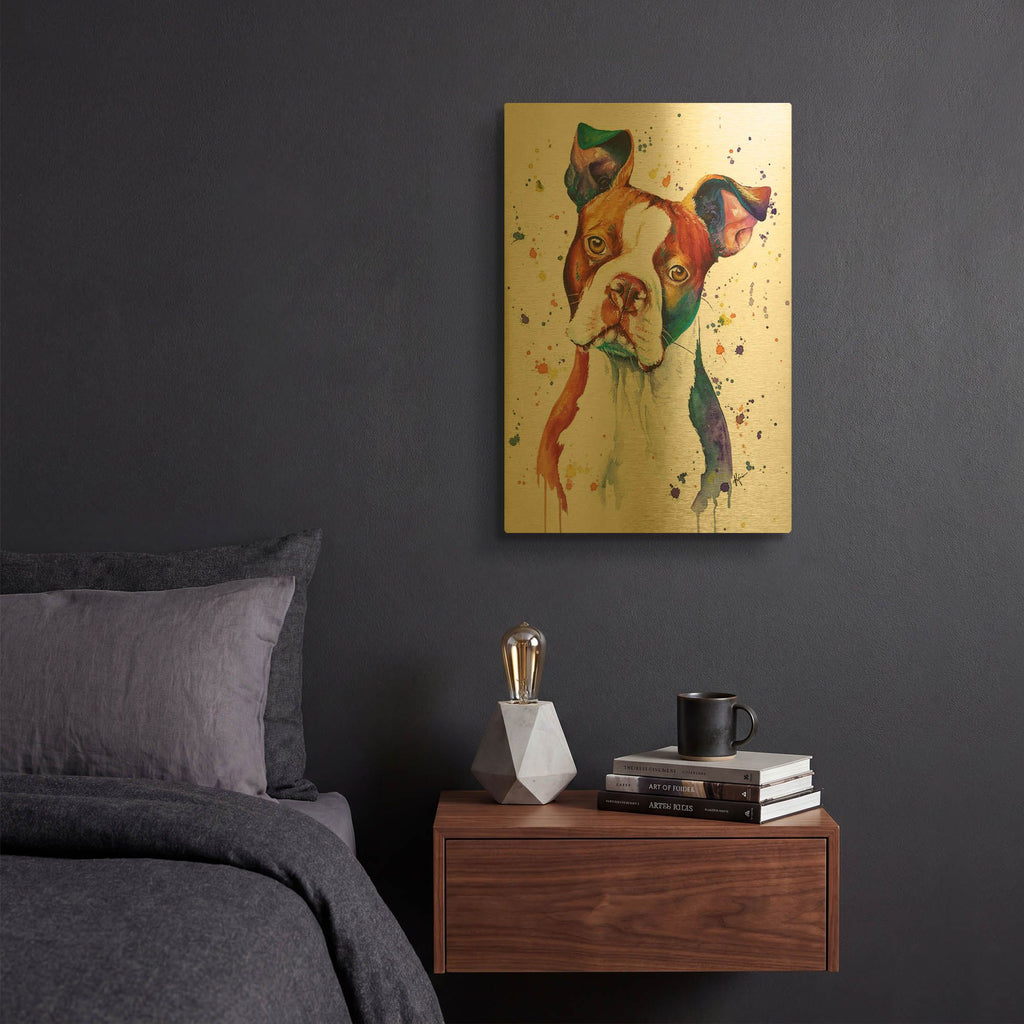 'Rainbow Dogs Red Boston Terrier' By Lindsay Kivi Gold Metal Wall Art