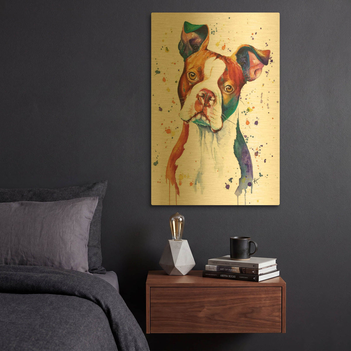 'Rainbow Dogs Red Boston Terrier' By Lindsay Kivi Gold Metal Wall Art