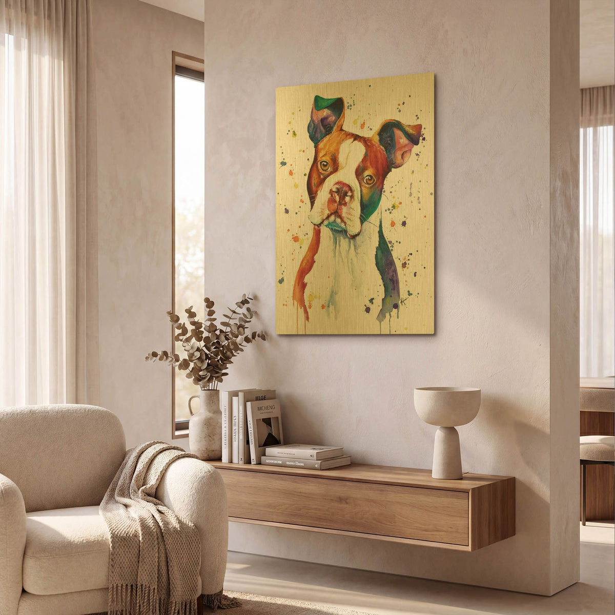 'Rainbow Dogs Red Boston Terrier' By Lindsay Kivi Gold Metal Wall Art