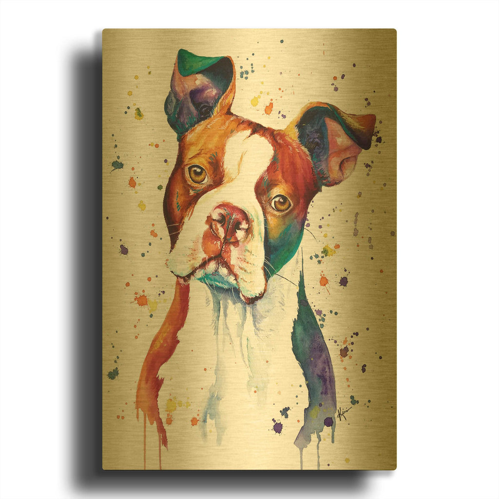 'Rainbow Dogs Red Boston Terrier' By Lindsay Kivi Gold Metal Wall Art