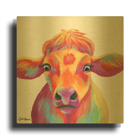 'Cheery Cow' By Britt Hallowell Gold Metal Wall Art