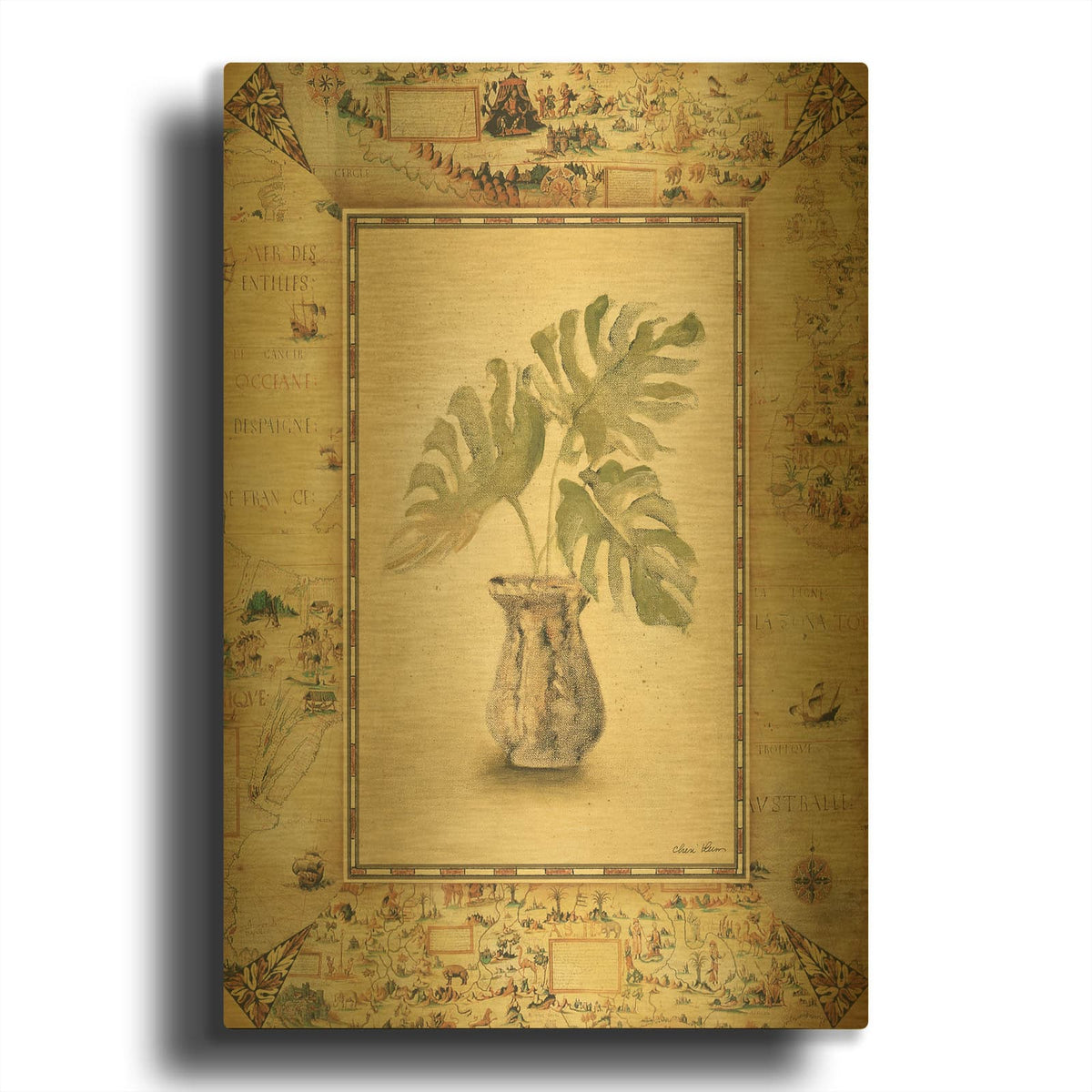 'Antique Map Palm 1' By Cheri Blum Gold Metal Wall Art