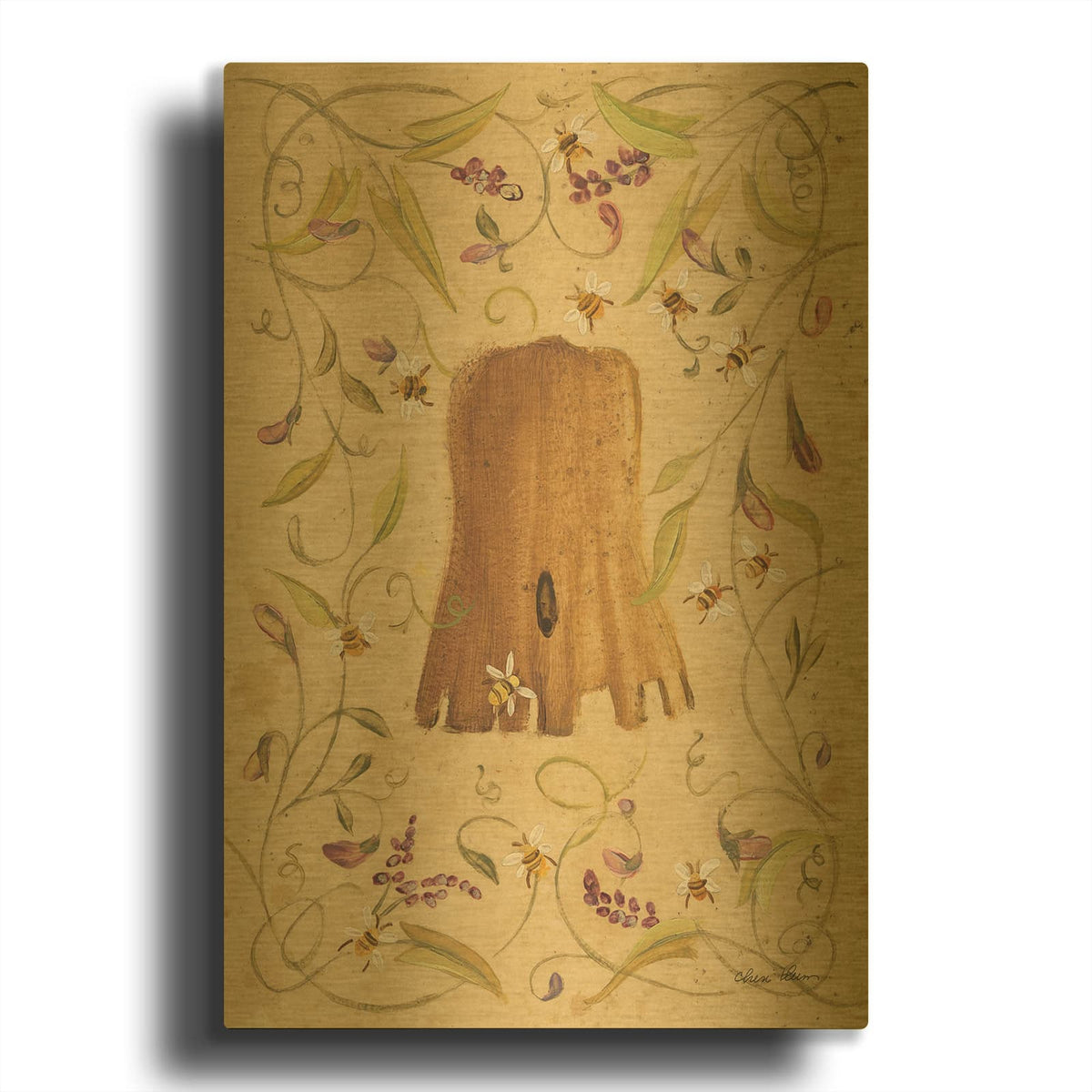'Bee Skep And Flowers 2' By Cheri Blum Gold Metal Wall Art