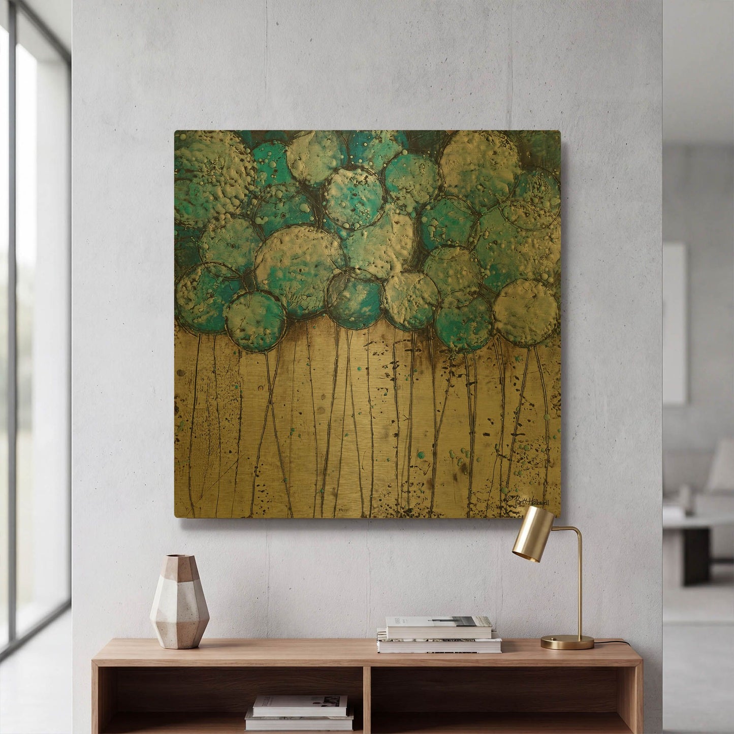 'Bubble Trees in Blue' By Britt Hallowell Gold Metal Wall Art
