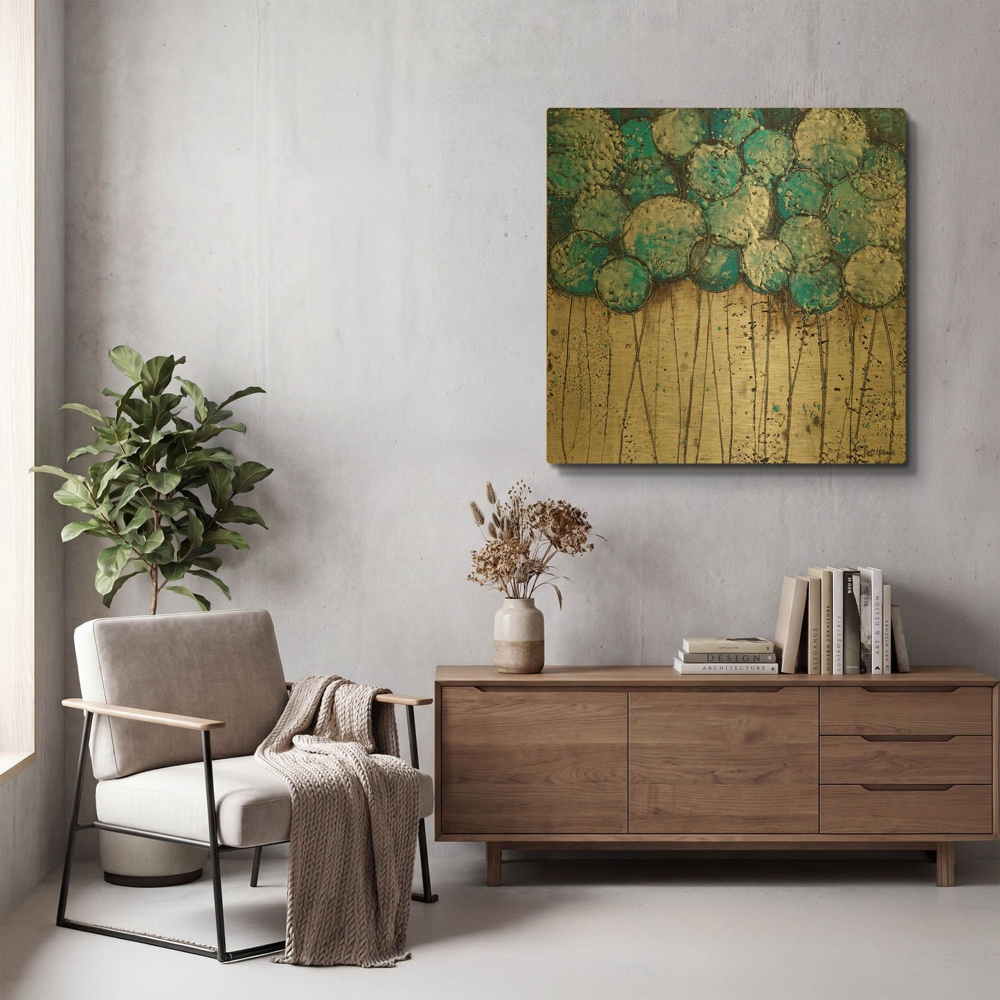 'Bubble Trees in Blue' By Britt Hallowell Gold Metal Wall Art