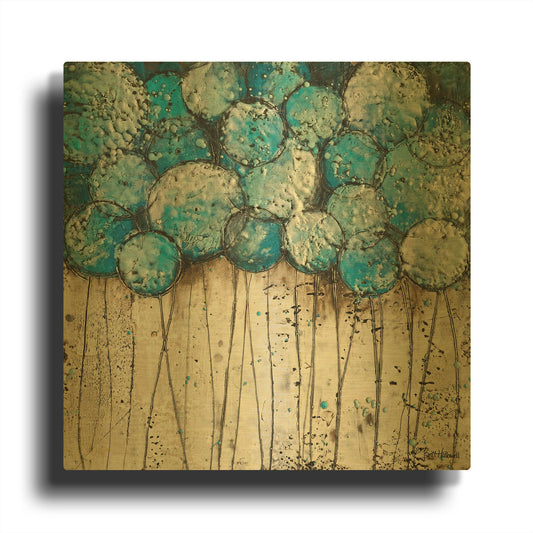 'Bubble Trees in Blue' By Britt Hallowell Gold Metal Wall Art