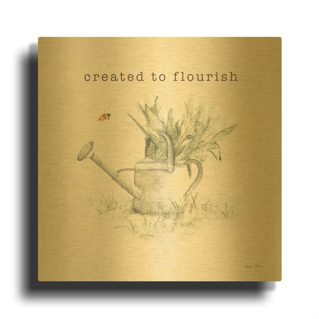 'Garden Watering Can Flourish' By Cheri Blum Gold Metal Wall Art