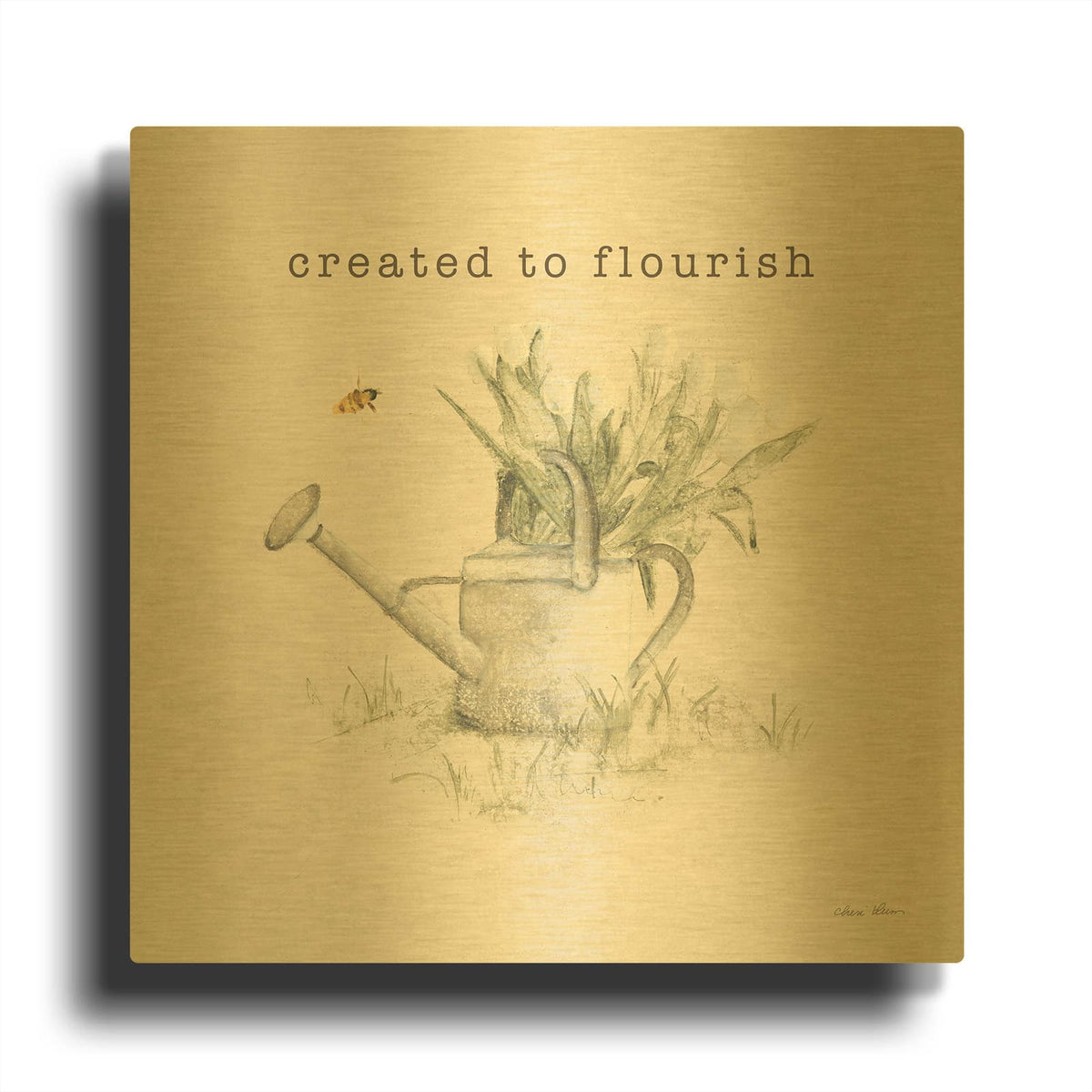 'Garden Watering Can Flourish' By Cheri Blum Gold Metal Wall Art