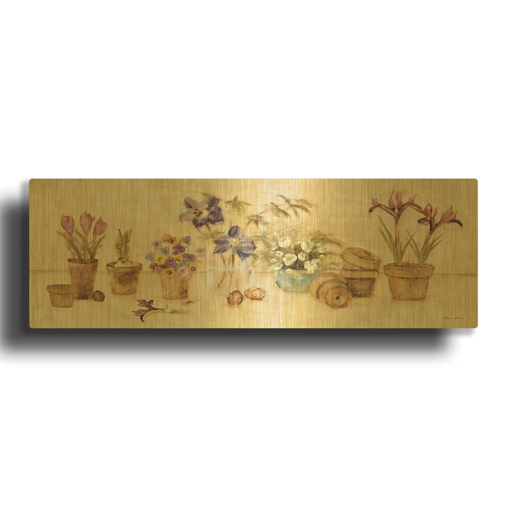 'Gardeners Shelf' By Cheri Blum Gold Metal Wall Art