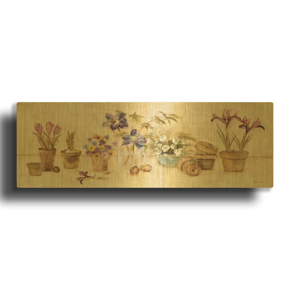 'Gardeners Shelf' By Cheri Blum Gold Metal Wall Art