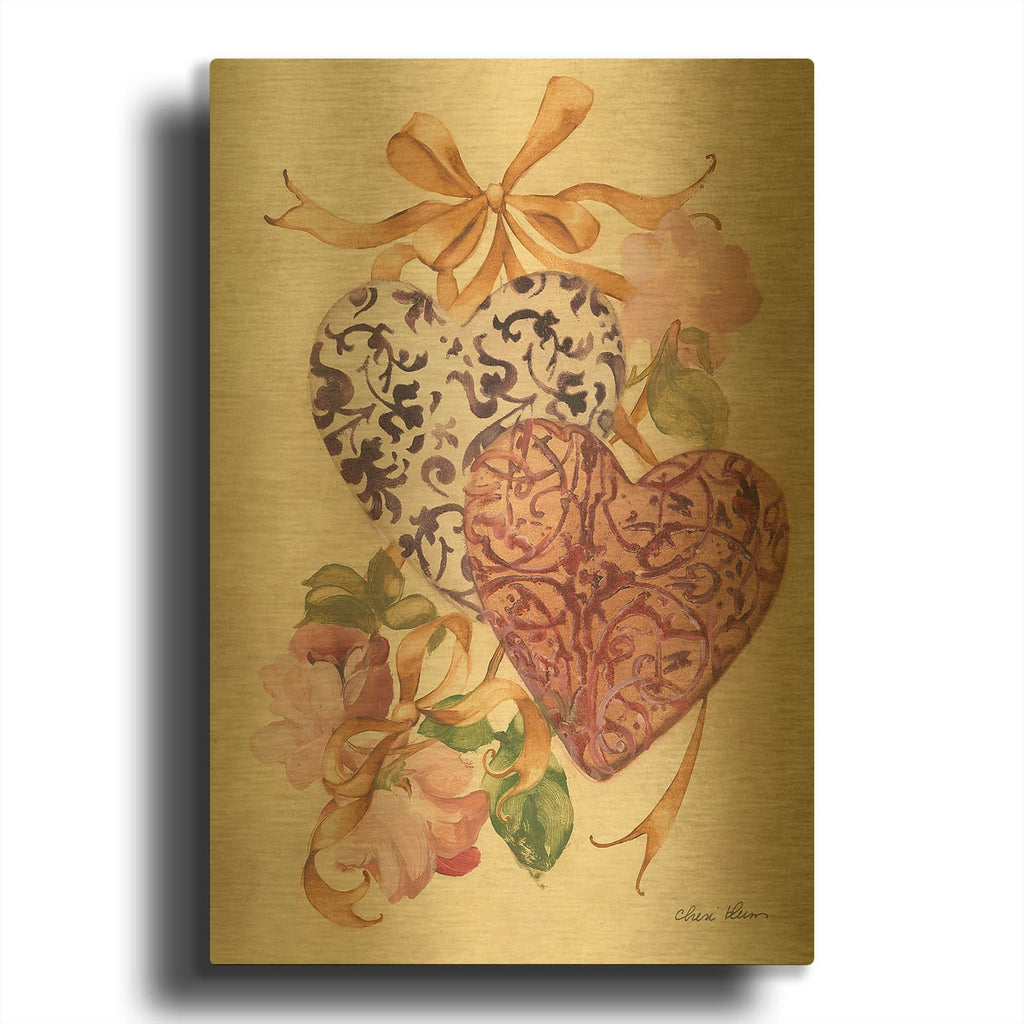 'Hearts And Ribbons 1' By Cheri Blum Gold Metal Wall Art