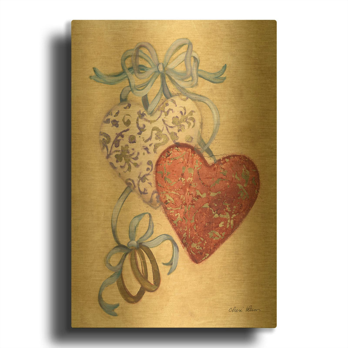 'Hearts And Ribbons 3' By Cheri Blum Gold Metal Wall Art