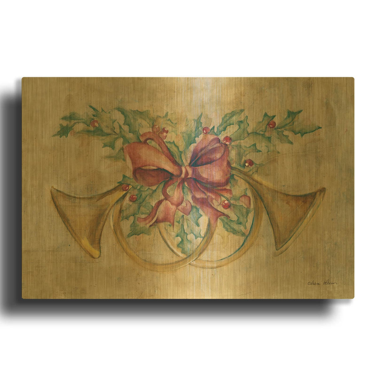 'Holiday French Horns' By Cheri Blum Gold Metal Wall Art