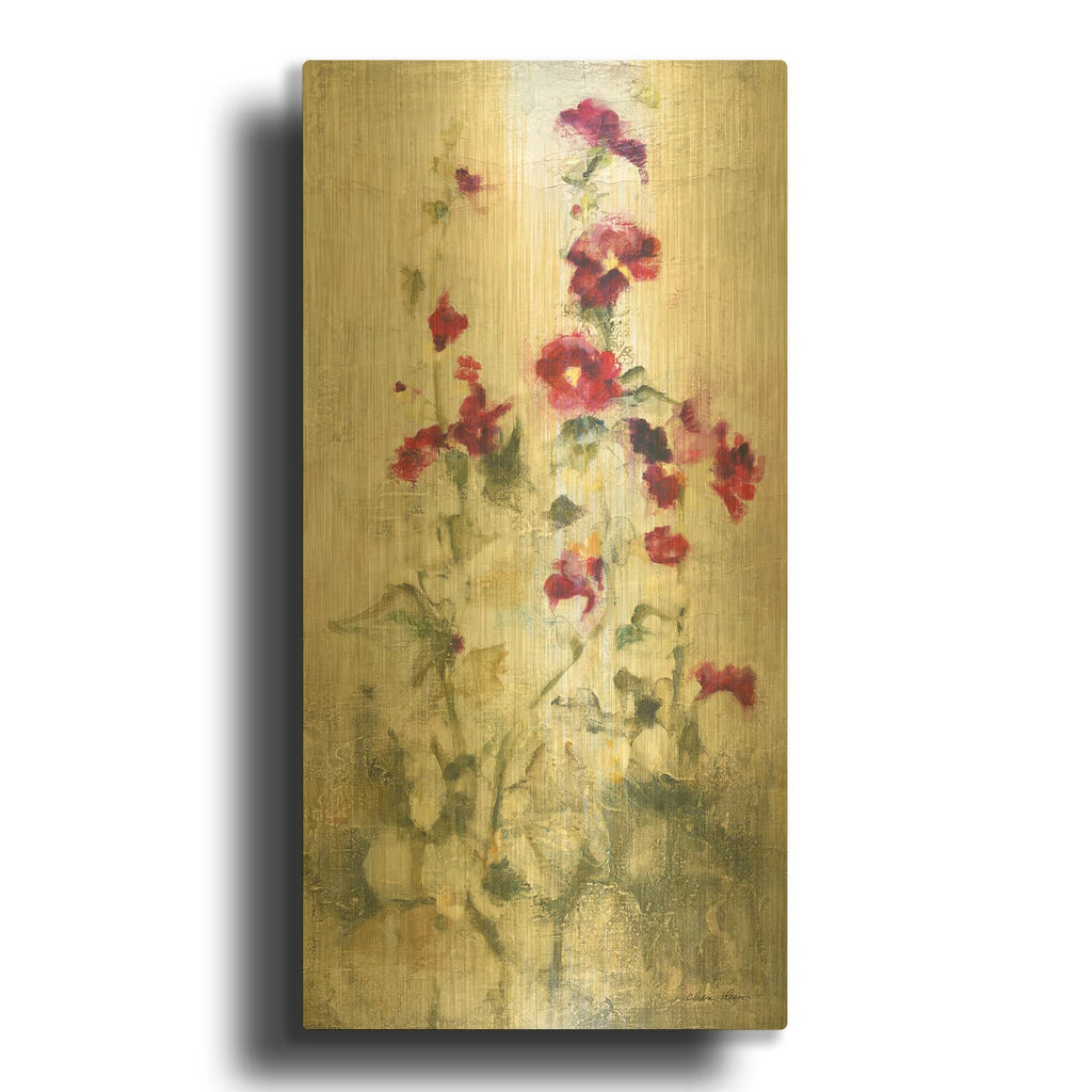 'Hollyhocks Panel 1' By Cheri Blum Gold Metal Wall Art