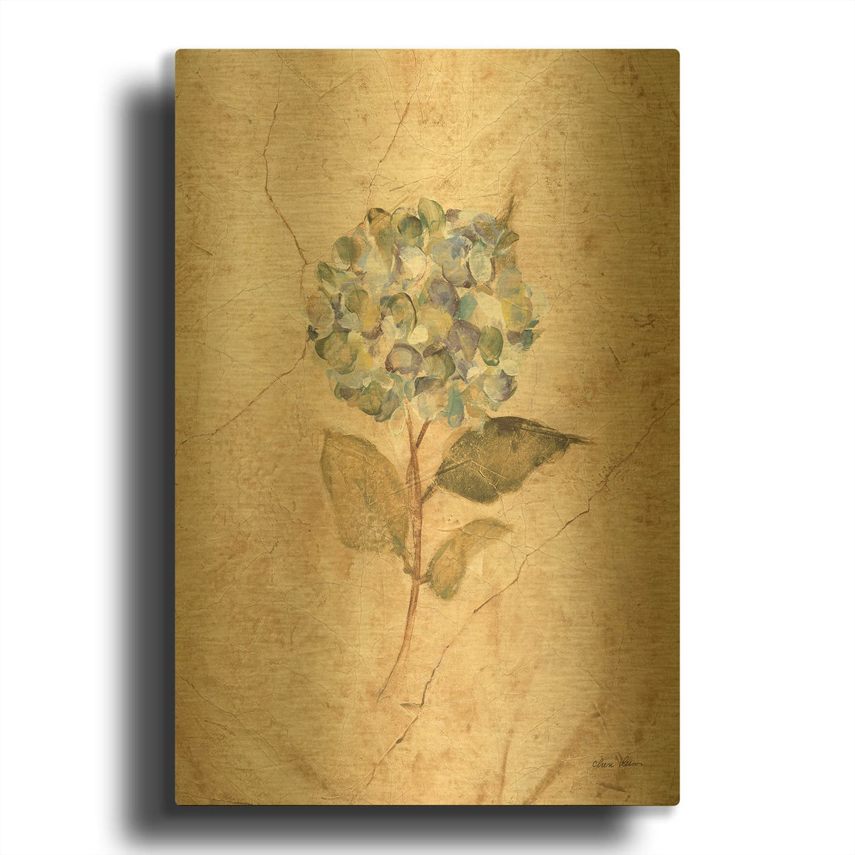 'Hydrangea On Cracked Linen' By Cheri Blum Gold Metal Wall Art