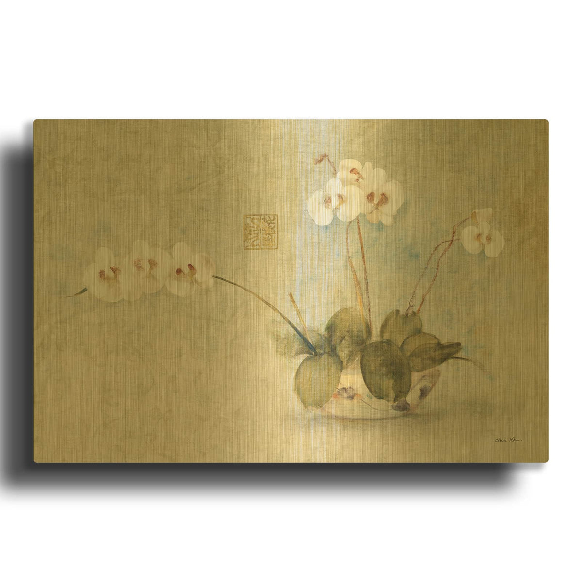 'Orchids In A Chinese Bowl' By Cheri Blum Gold Metal Wall Art