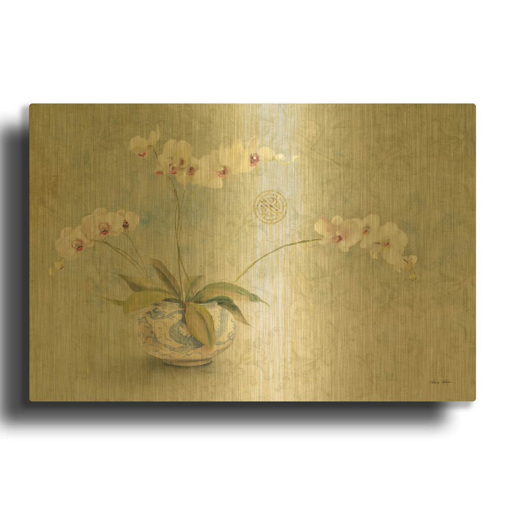 'Orchids In A Porcelain Bowl' By Cheri Blum Gold Metal Wall Art