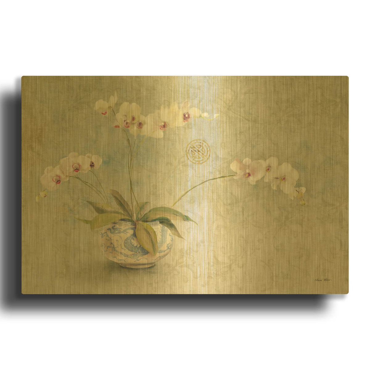 'Orchids In A Porcelain Bowl' By Cheri Blum Gold Metal Wall Art