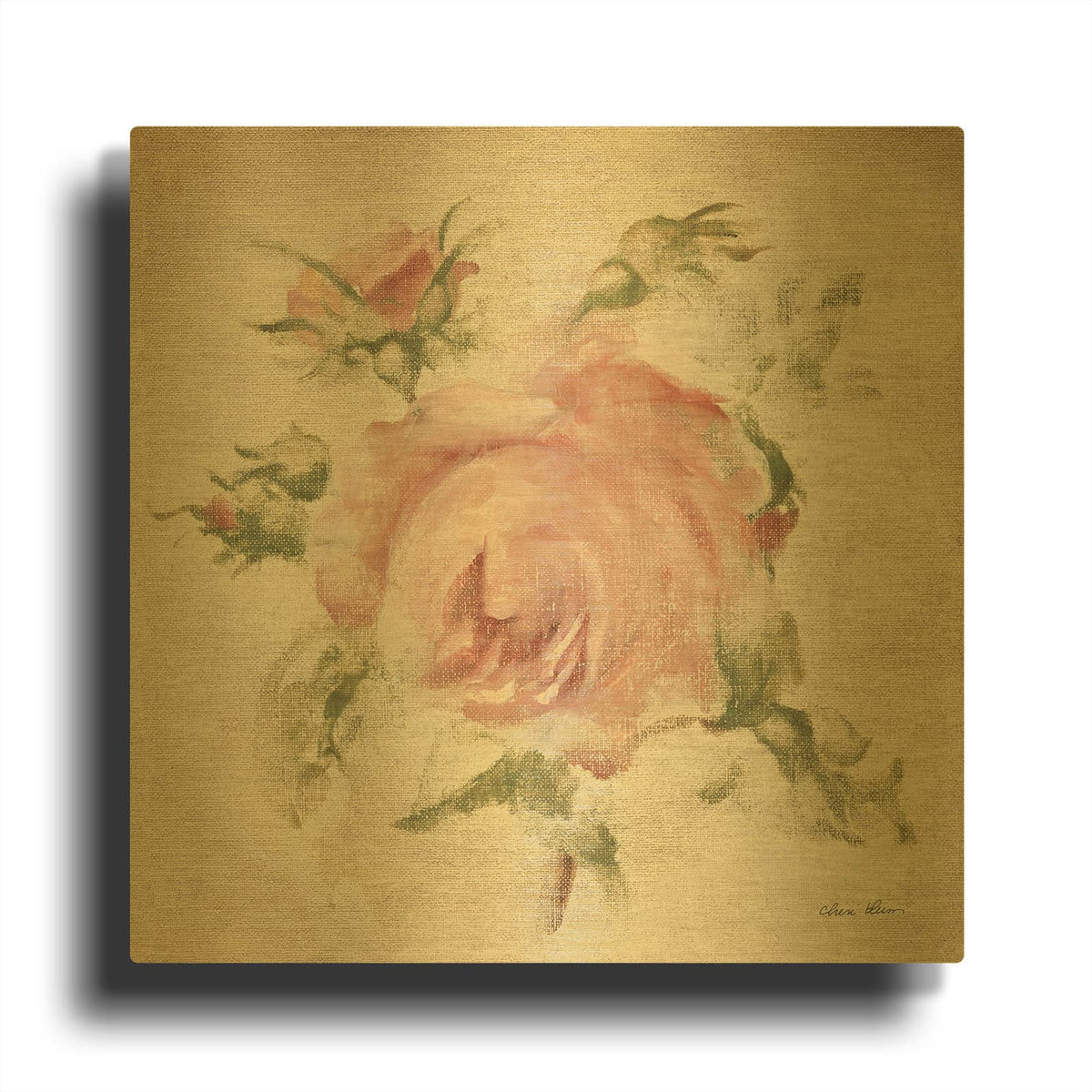 'Pale Pink Rose On Antique Linen Light' By Cheri Blum Gold Metal Wall Art