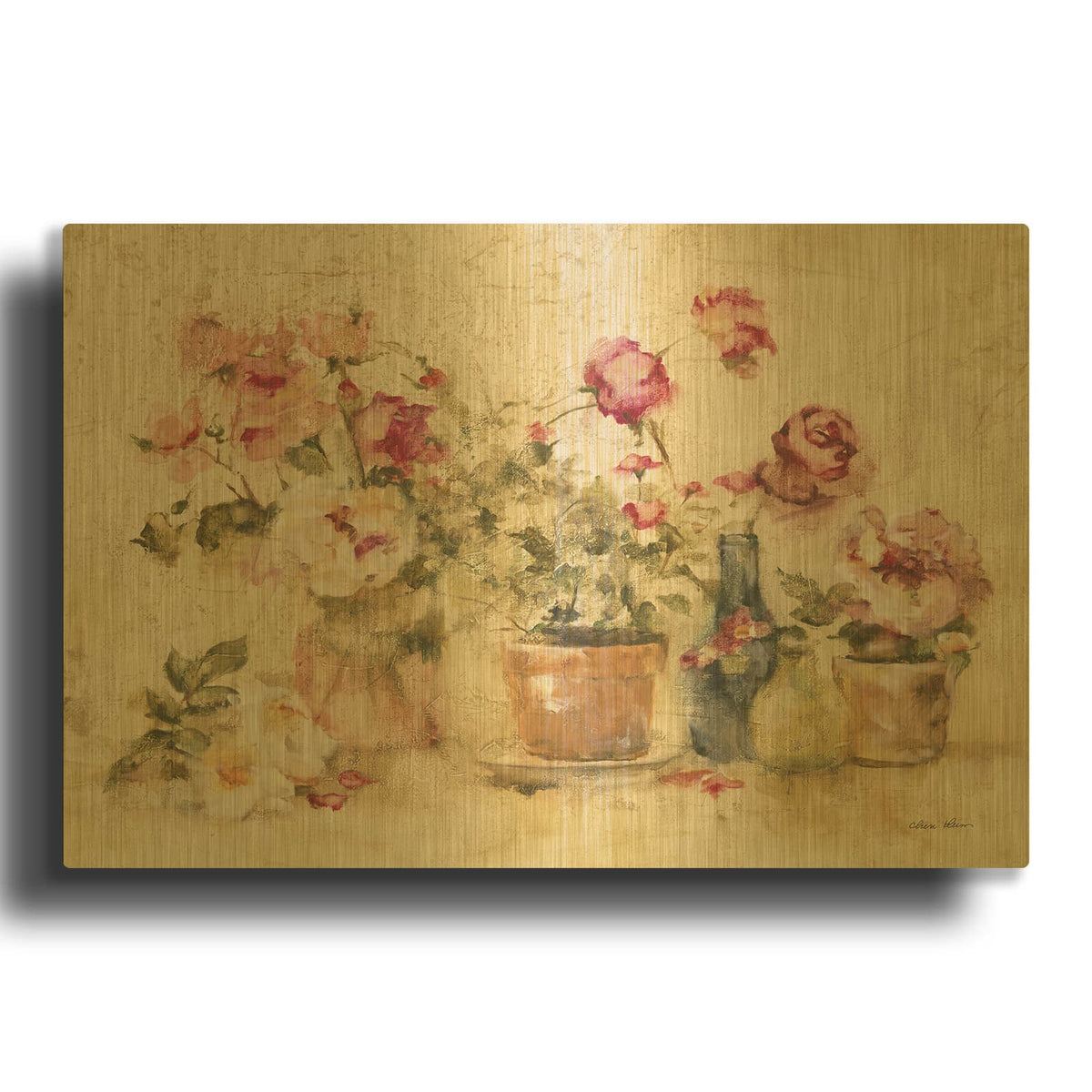 'Potted Roses 1' By Cheri Blum Gold Metal Wall Art