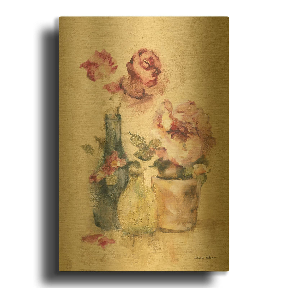 'Potted Roses 3' By Cheri Blum Gold Metal Wall Art