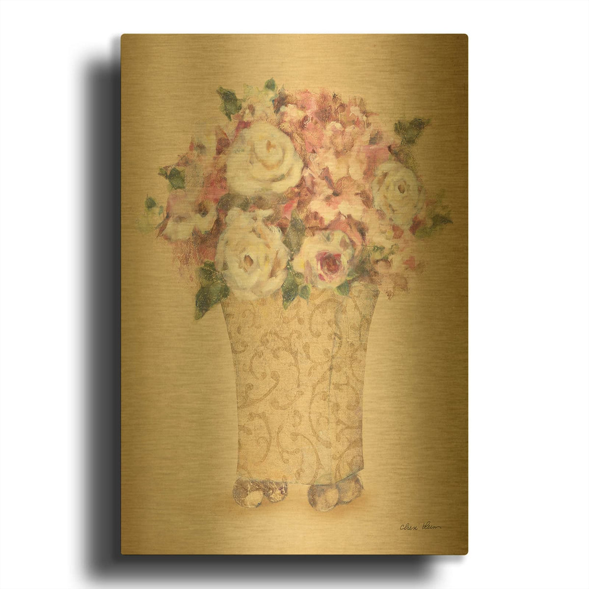 'Roses In Painted Vase 1' By Cheri Blum Gold Metal Wall Art