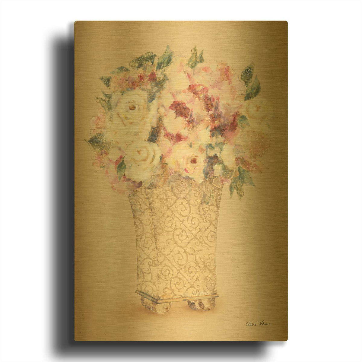 'Roses In Painted Vase 2' By Cheri Blum Gold Metal Wall Art