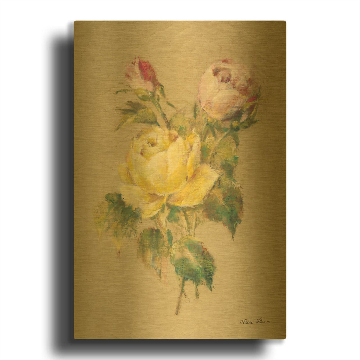 'Roses On Quilt 2' By Cheri Blum Gold Metal Wall Art