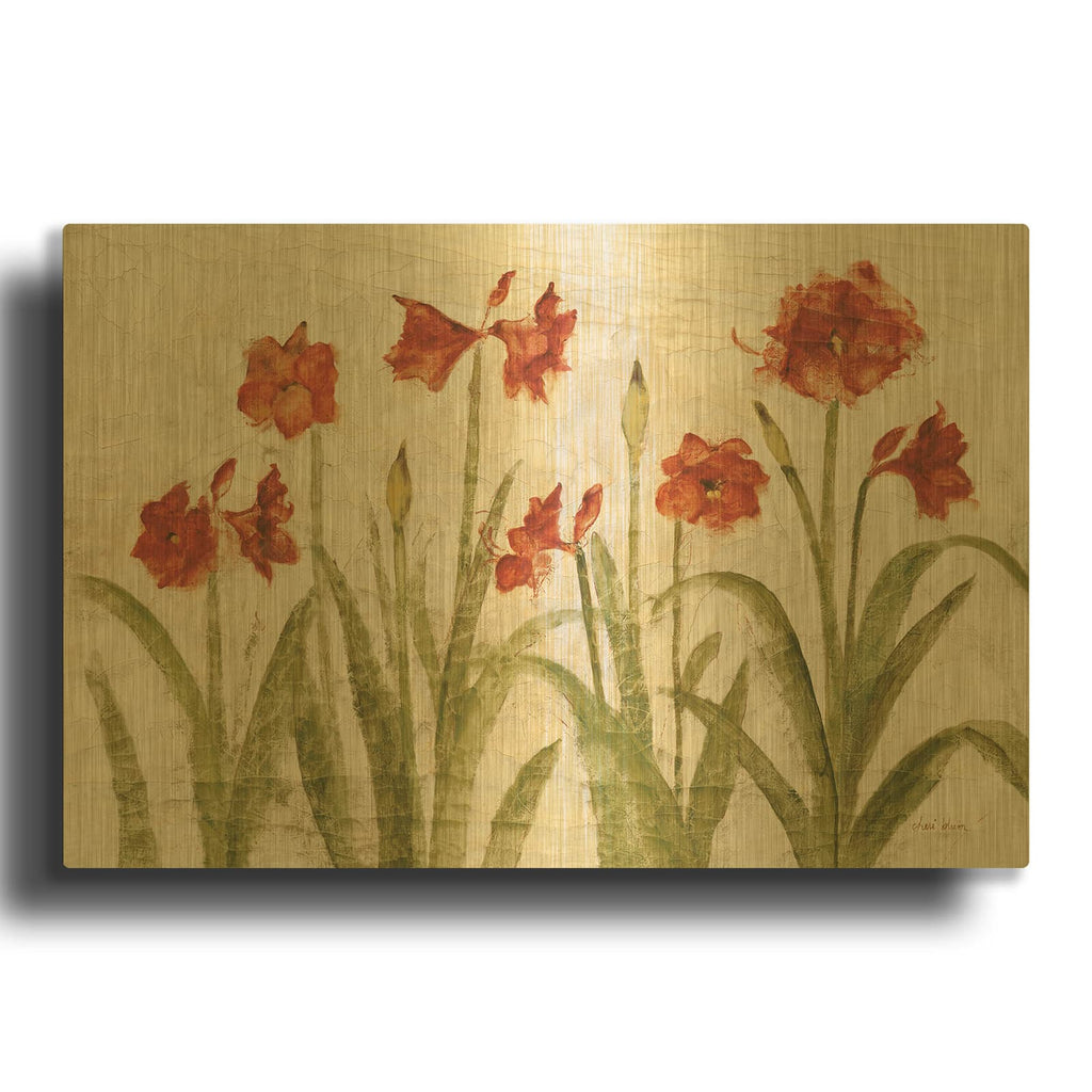 'Row Of Red Amaryllis Light' By Cheri Blum Gold Metal Wall Art