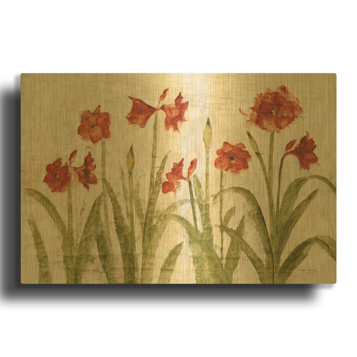 'Row Of Red Amaryllis Light' By Cheri Blum Gold Metal Wall Art