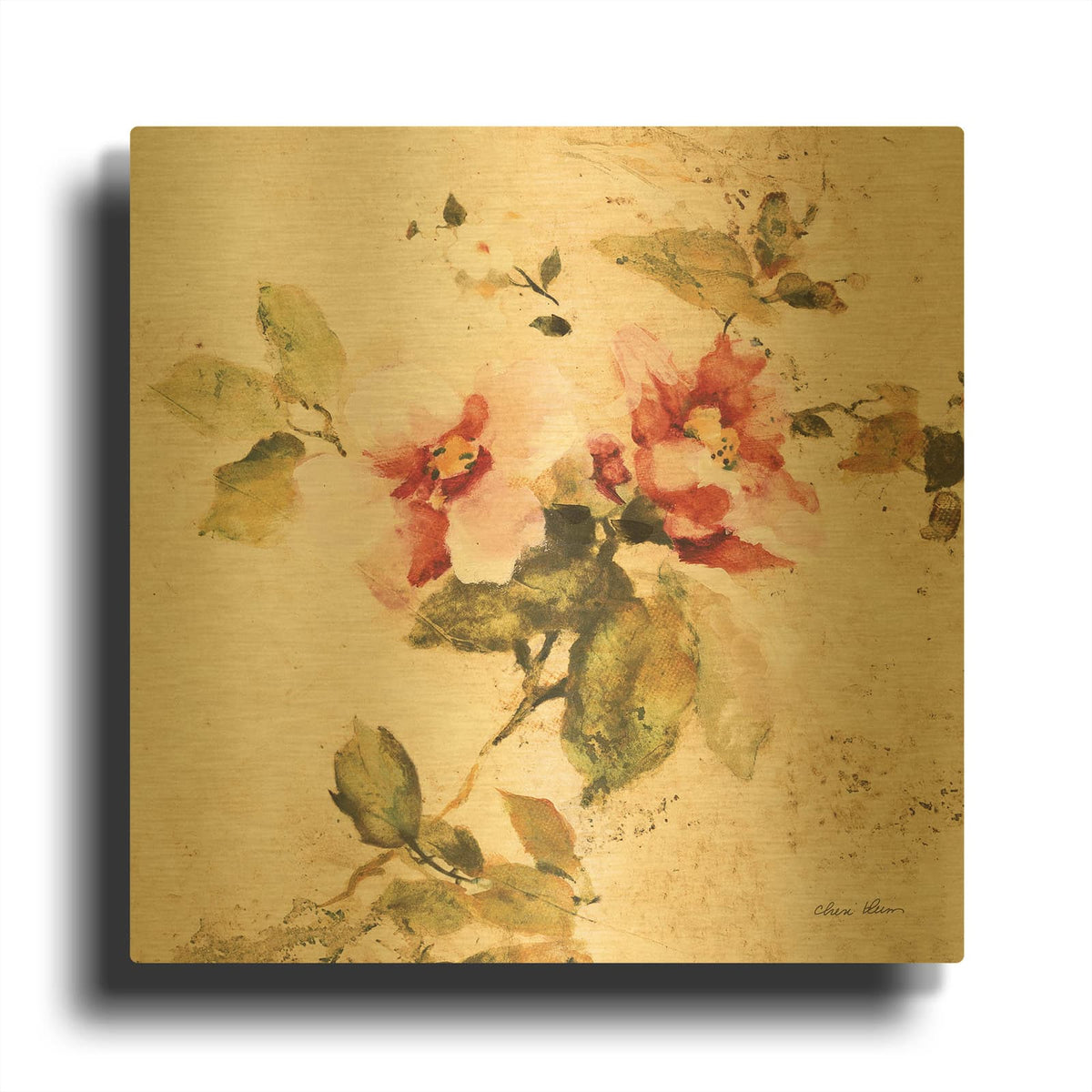 'Spring Roses 3' By Cheri Blum Gold Metal Wall Art
