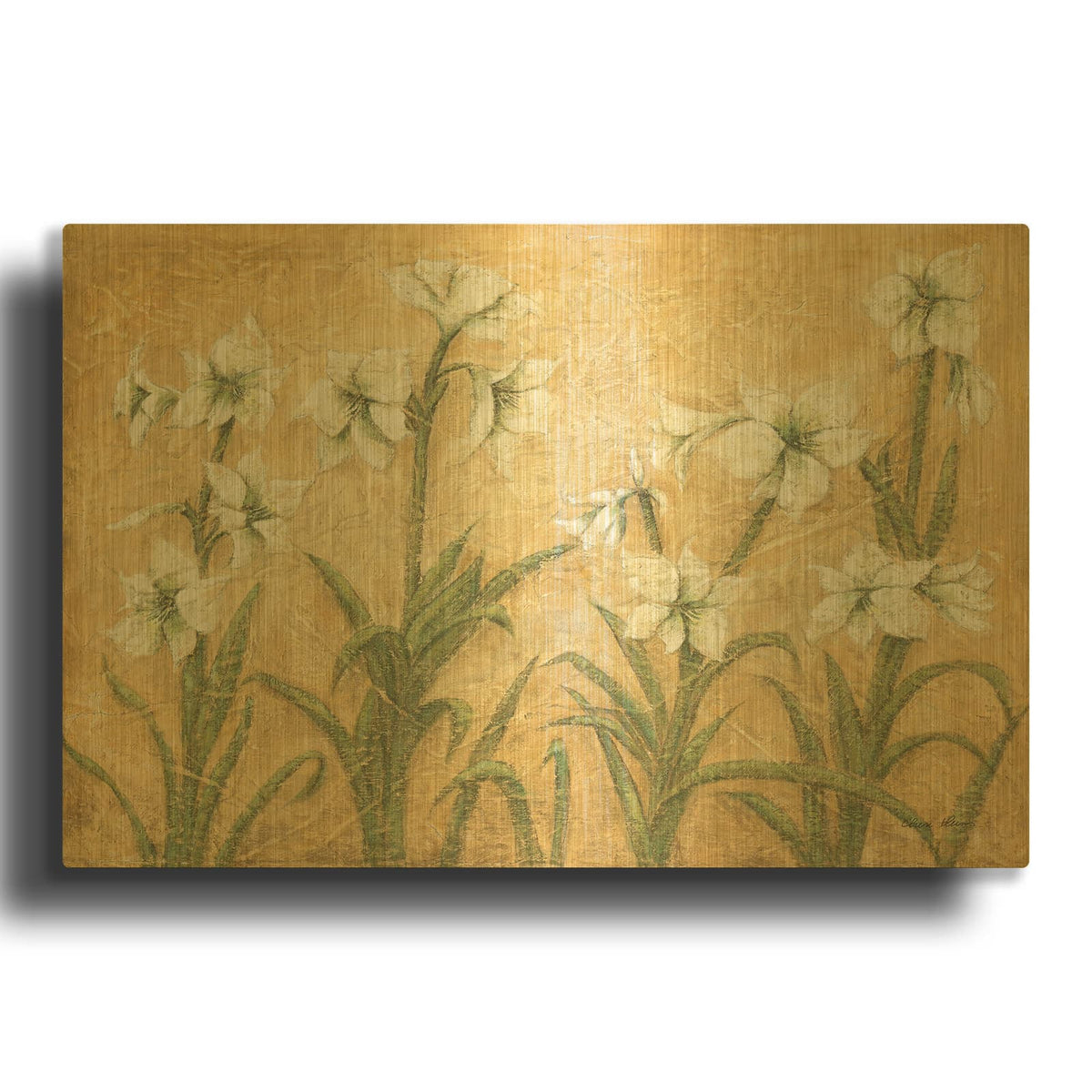 'White Amaryllis Garden' By Cheri Blum Gold Metal Wall Art