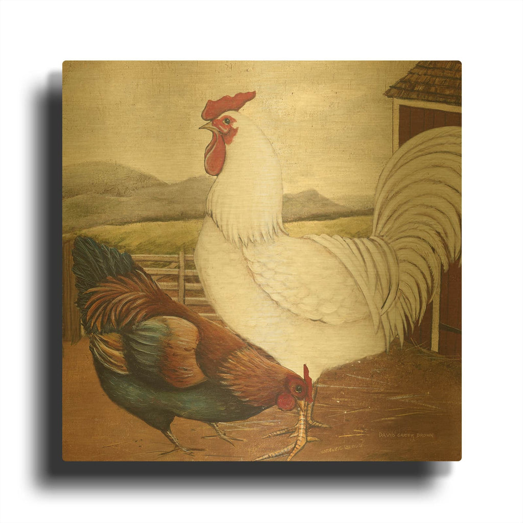 'Rooster Pair 3' By David Carter Brown Gold Metal Wall Art