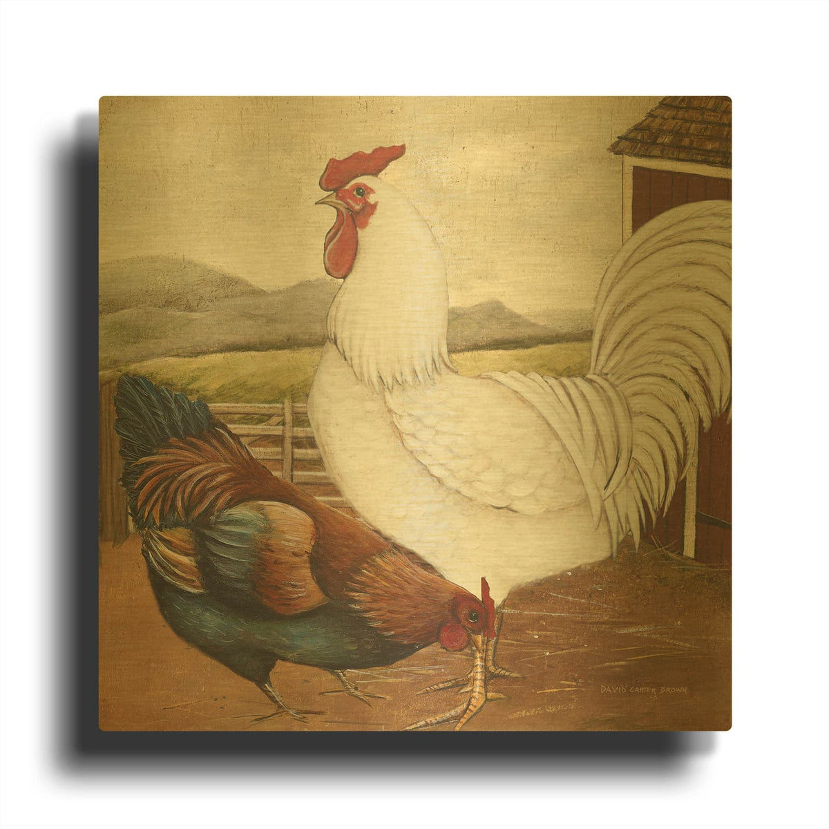 'Rooster Pair 3' By David Carter Brown Gold Metal Wall Art
